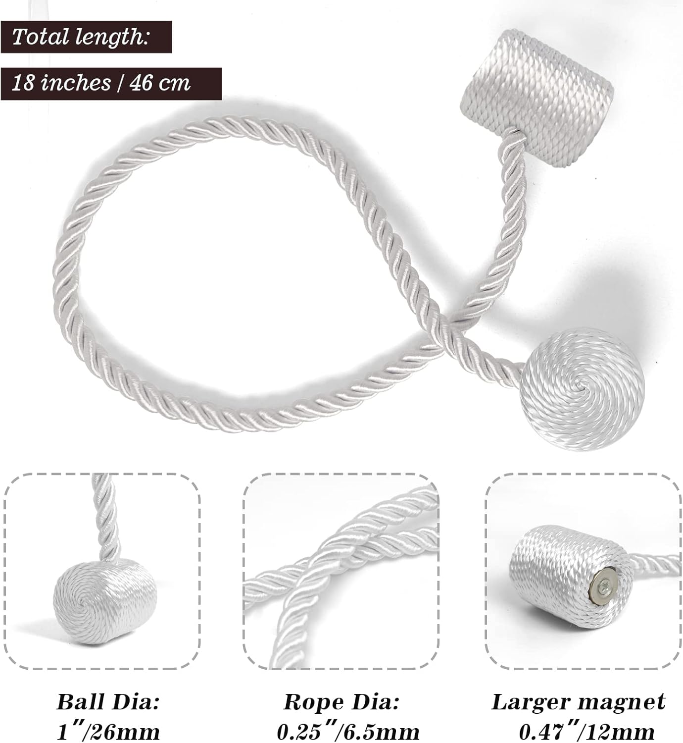 Hion Magnetic Curtain Tiebacks White 2pcs, Curtain Tiebacks Buckles Holdbacks Holders Hooks Clip for Home Bedroom Office Decorative Curtain