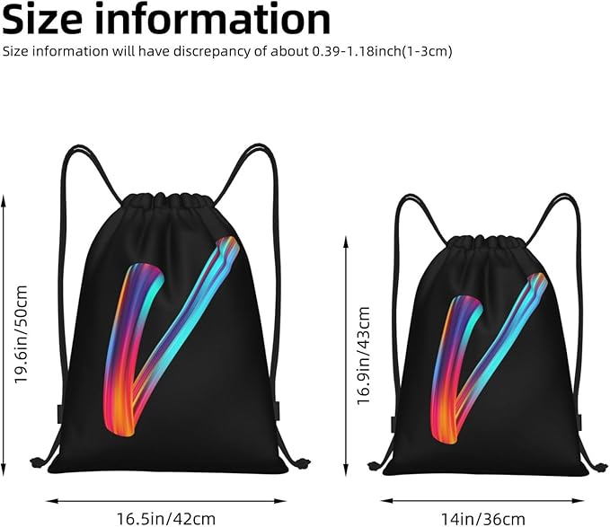 Drawstring Bags Initial Drawstring Backpack Sackpack Black Draw String Cinch Bags for Sports, Gym, Travel, Swimming, Beach, Camping, Rainbow Letter V