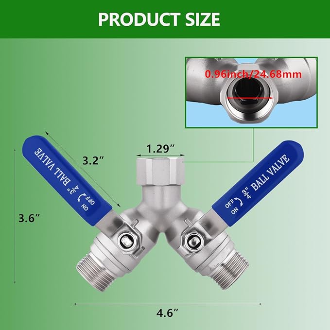 Lead-free Hose Splitter 2 Way Heavy Duty ，304 Stainless Steel Garden Hose Splitter with Long Handle，Outdoor Full Flow Y Valve ，3/4 Inch GHT Thread