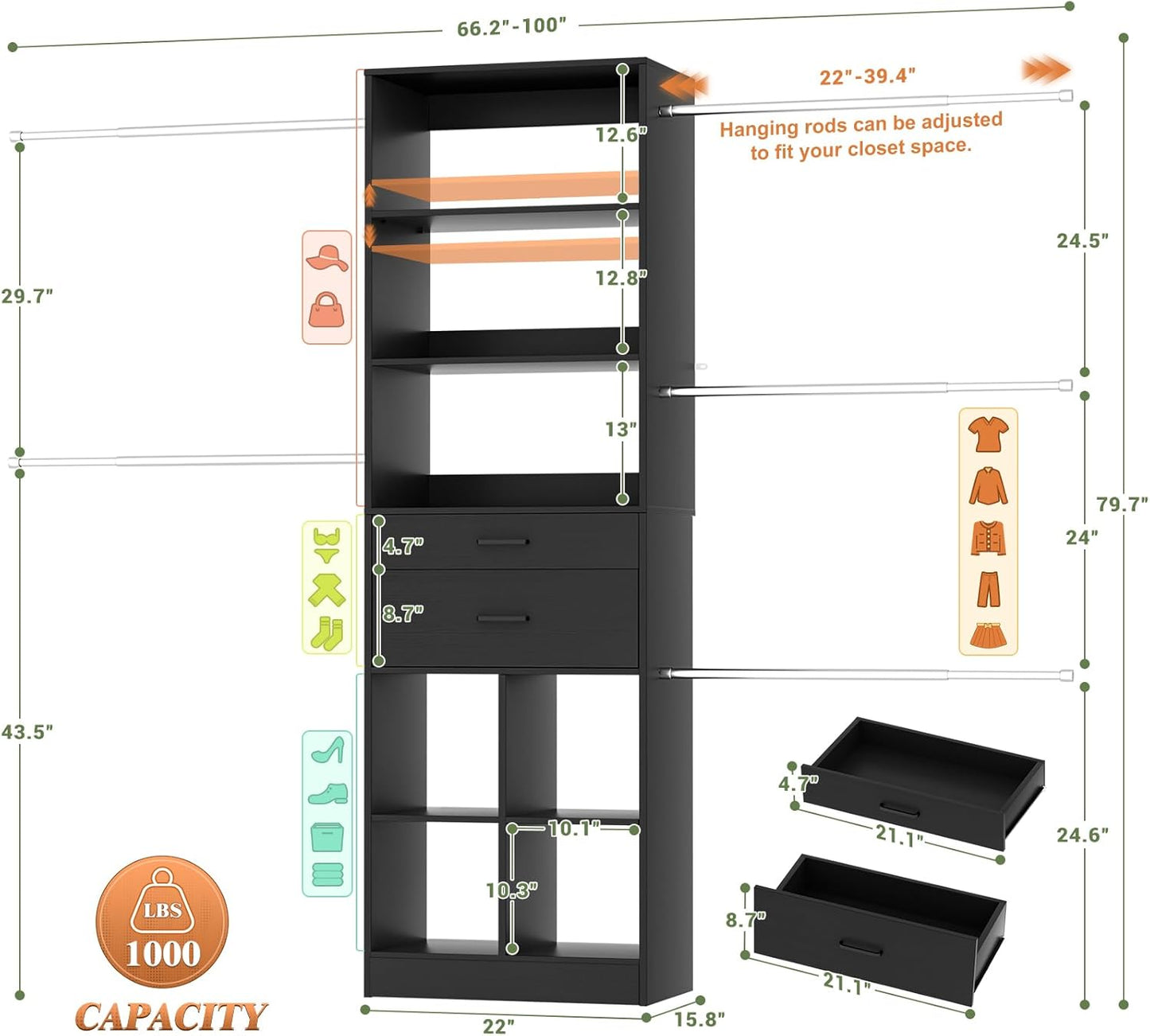 Closet System, 4-8 FT Closet Organizer Tower with 2 Wooden Drawers and Shelves, Can Fit 60 to 96 inch Walk-in Closet System with 5 Hang Rods, Built-in, Black