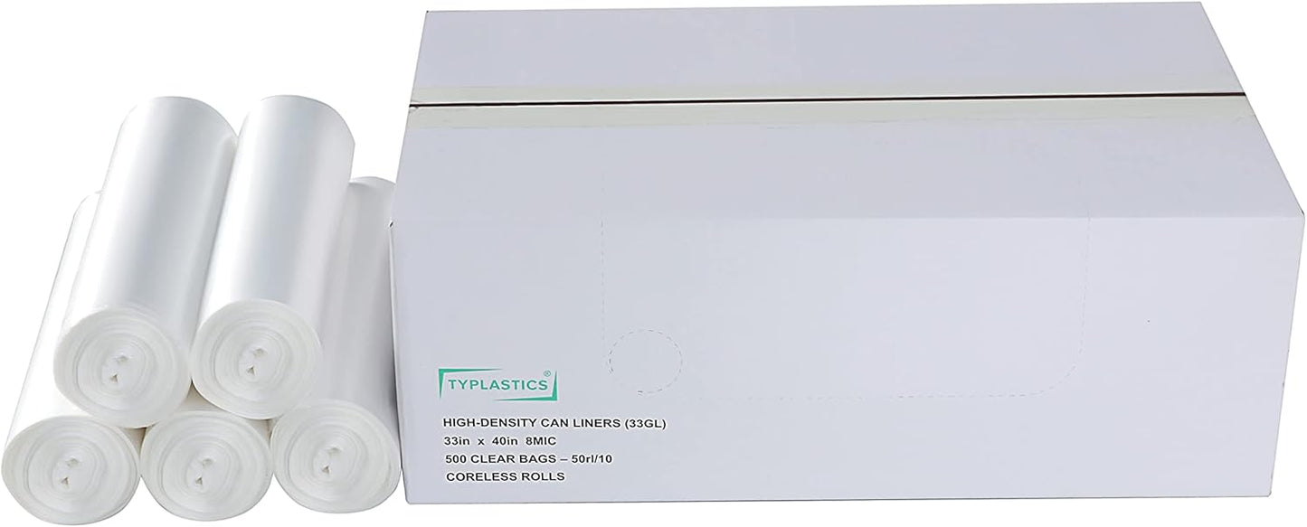 TYPLASTICS 33 Gallon Clear Trash Can Liners - 33" x 40" - High Density Garbage Bags - Case of 500 - Multipurpose for Office, Outdoor, Recycling, Industrial and Commercial