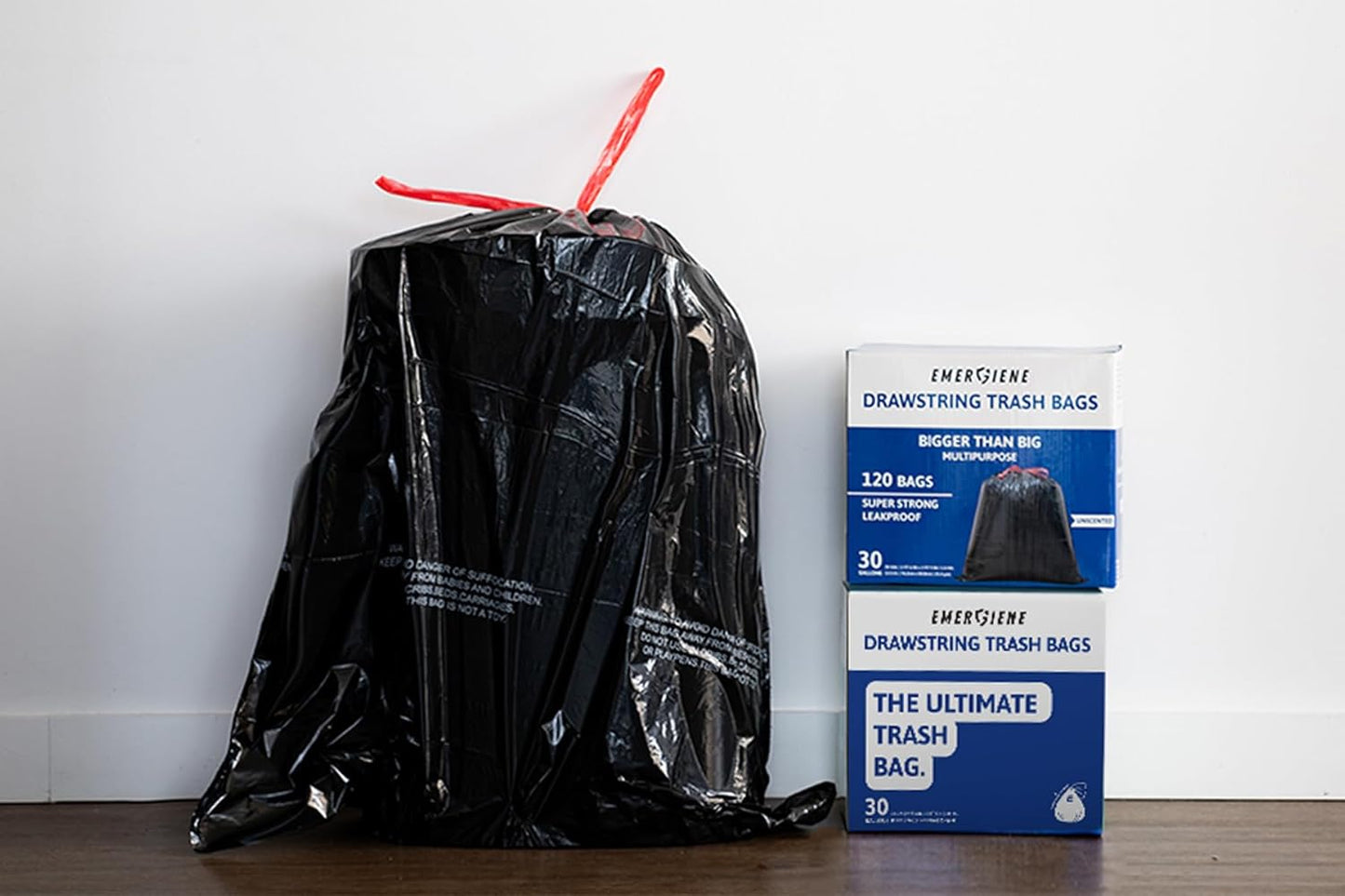 Ultra Strong 30 Gallon Drawstring Trash Bags, Unscented 120 Count Garbage Bags, Pre-Separated, Recycled Materials, Heavy Duty, Leakproof, Sturdy, Black