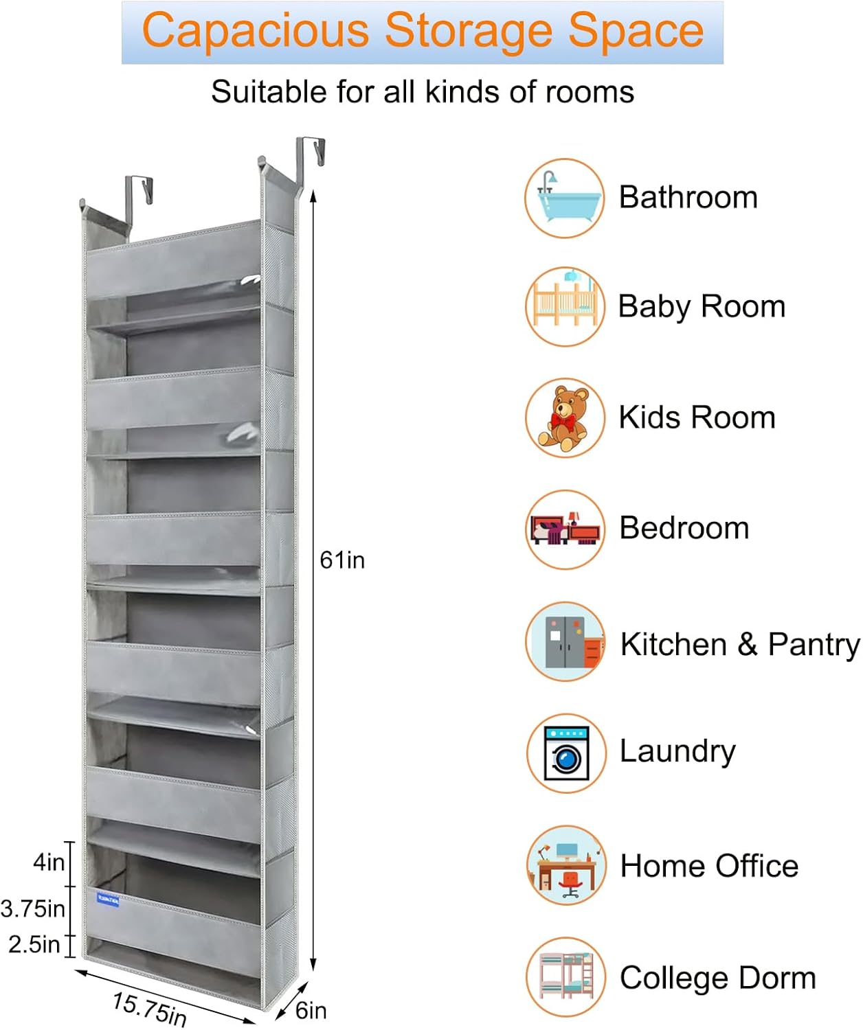 Extra Large Over The Door Organizer Storage 6-Shelves and 12 Side Pockets, Heavy Duty Hanging Door Organizer for Closet Bathroom Bedroom Nursery Pantry, Grey