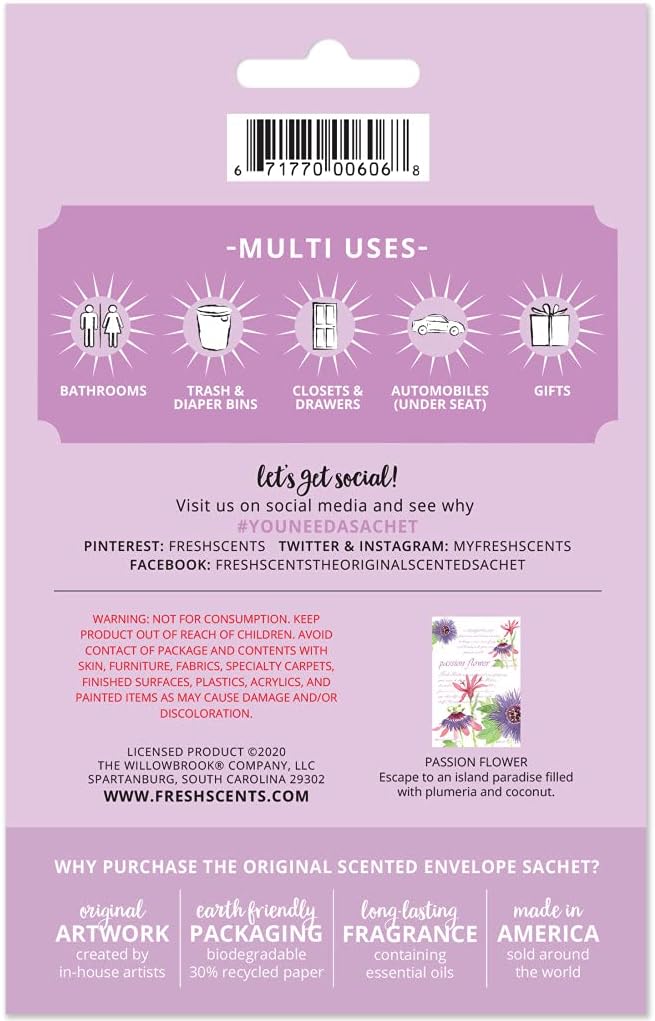 WILLOWBROOK | Fresh Scents Scented Sachet Packet | Passion Flower | Air Freshener Bags for Drawers, Closets, Cars | 6 Pack | Long Lasting Home Fragrance