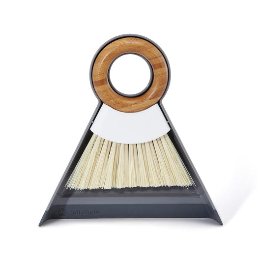 Full Circle Tiny Team Mini Compact Brush & Dustpan Set, Portable Handheld Broom for Quick Cleanups, Ideal for Home, Bathroom, Kitchen Countertops. Bamboo Hand Broom & Small Crumb Sweeper, White