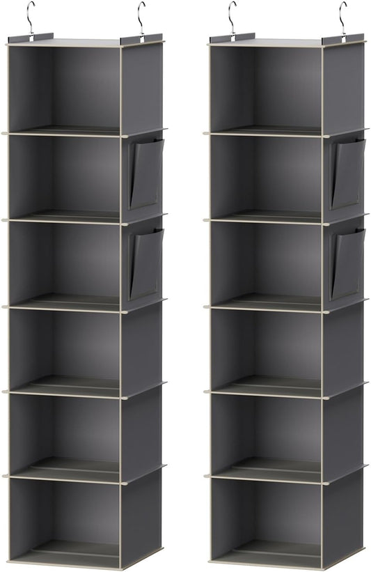 YOUDENOVA Hanging Closet Organizer, 6-Shelf Closet Hanging Storage Shelves, 2 Packs, Grey