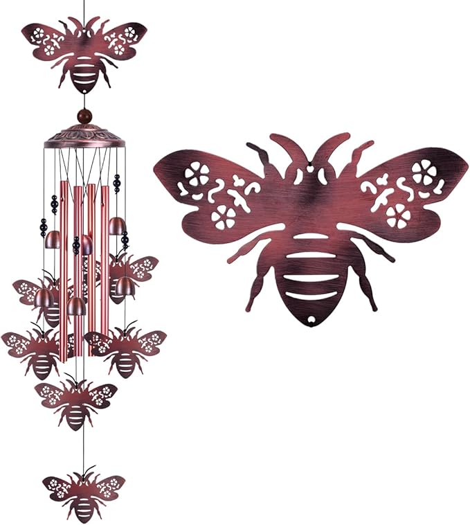 Outdoor Bee Wind Chimes Gifts for Mom - with 4 Tubes 6 Bells 7 Bees Wind Bells, Mobile Wind Catcher, Romantic Bee Decor, Bee Bells, Bees Windchimes for Home, Balcony, Tree, Festival, Garden Decoration
