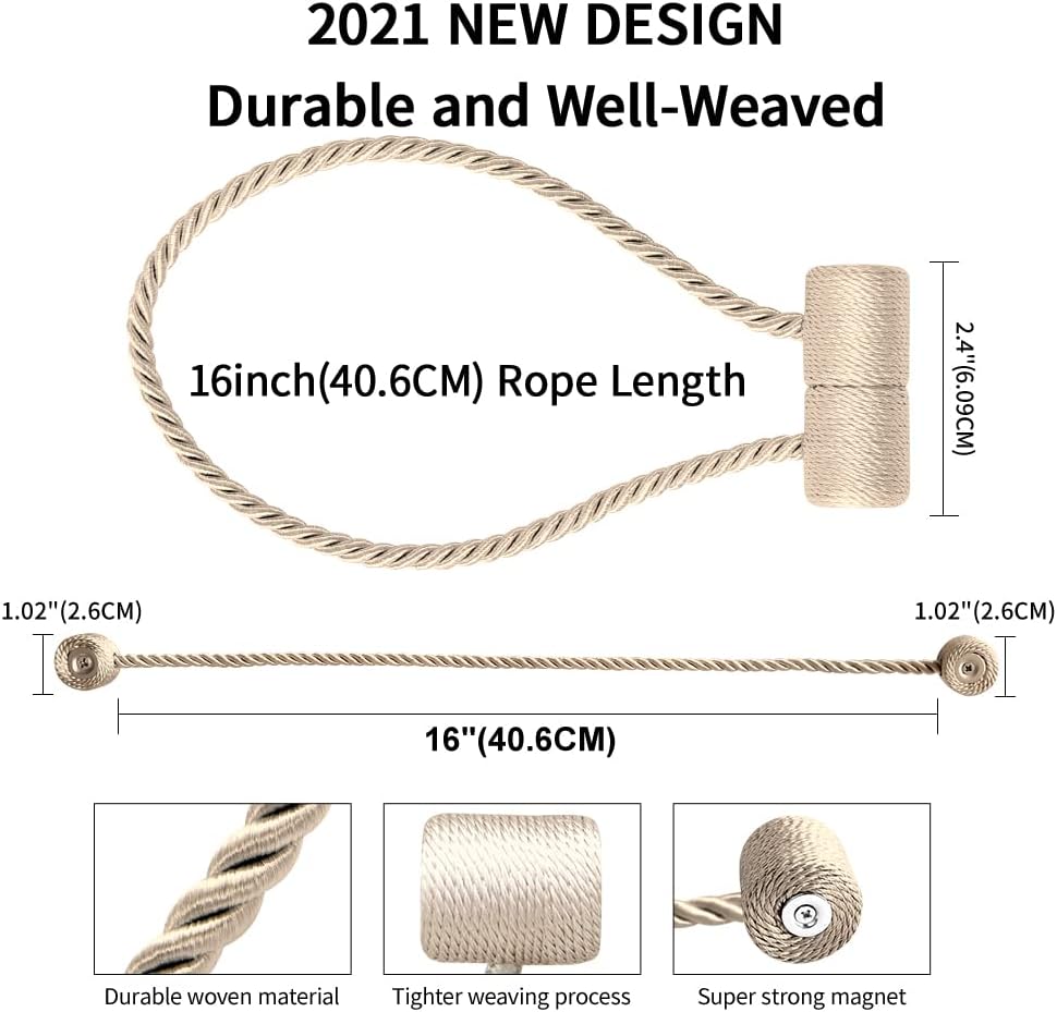 18 Inch Strong Magnetic Curtain Tiebacks, Curtain Holdbacks Modern Upgrade Strong 2021 New Twisted Style Decorative Drapery Rope Tie Backs(4 Pack Beige)