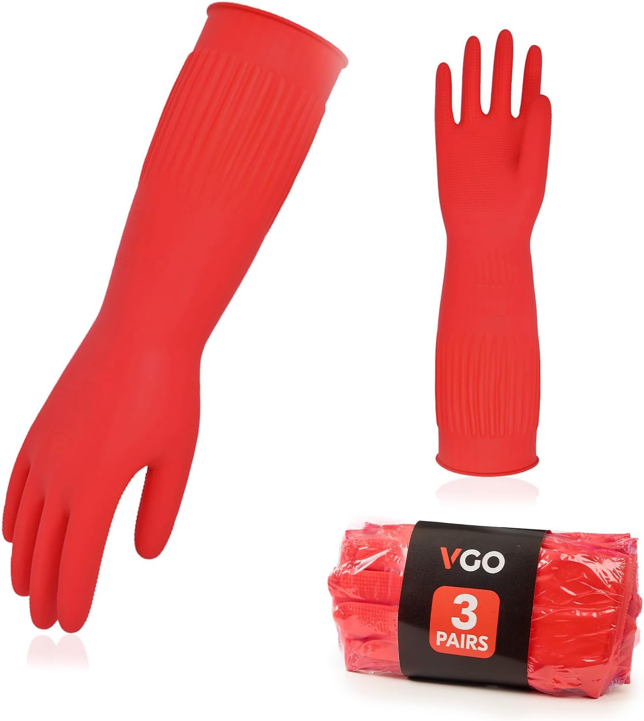 Vgo... 3-Pairs Dishwashing Gloves, Reusable Household Gloves, Long Sleeve, Thick Latex, Cleaning, Washing, Working, Painting, Gardening, Pet Care (Size L, Red, RB2143)