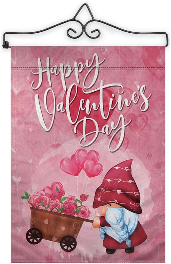 Garden Flag Wall Hanger (Black) & Valentine's Day Gnome 12x18" Garden Flag Full Kit - All Season Decor