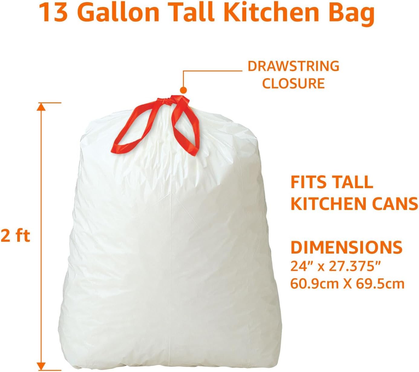 Amazon Basics 13 Gallon Tall Kitchen Drawstring Trash Bags, Clean Fresh Scnet, 10% Post Consumer Recycled, 200 Count
