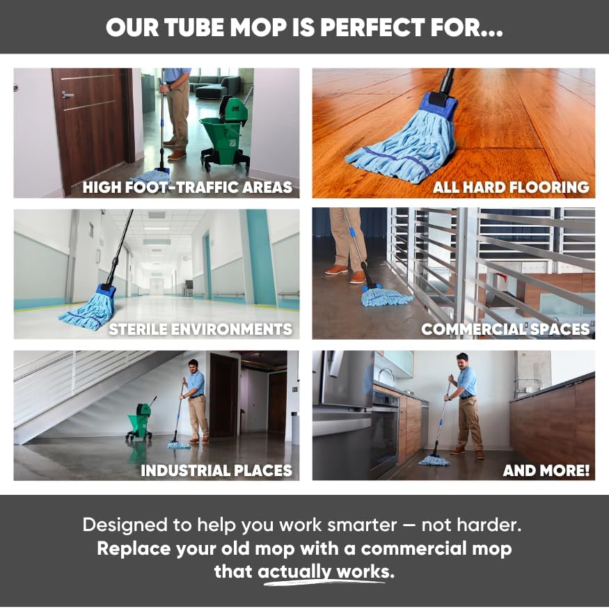 Commercial Mop Head Replacement – 1 Pack Medium Green Microfiber Tube Mop (14 oz.) | Industrial Wet Mops | Refill Heads, Machine Washable, Heavy Duty | Hardwood, Tile, Laminate, Vinyl Floors