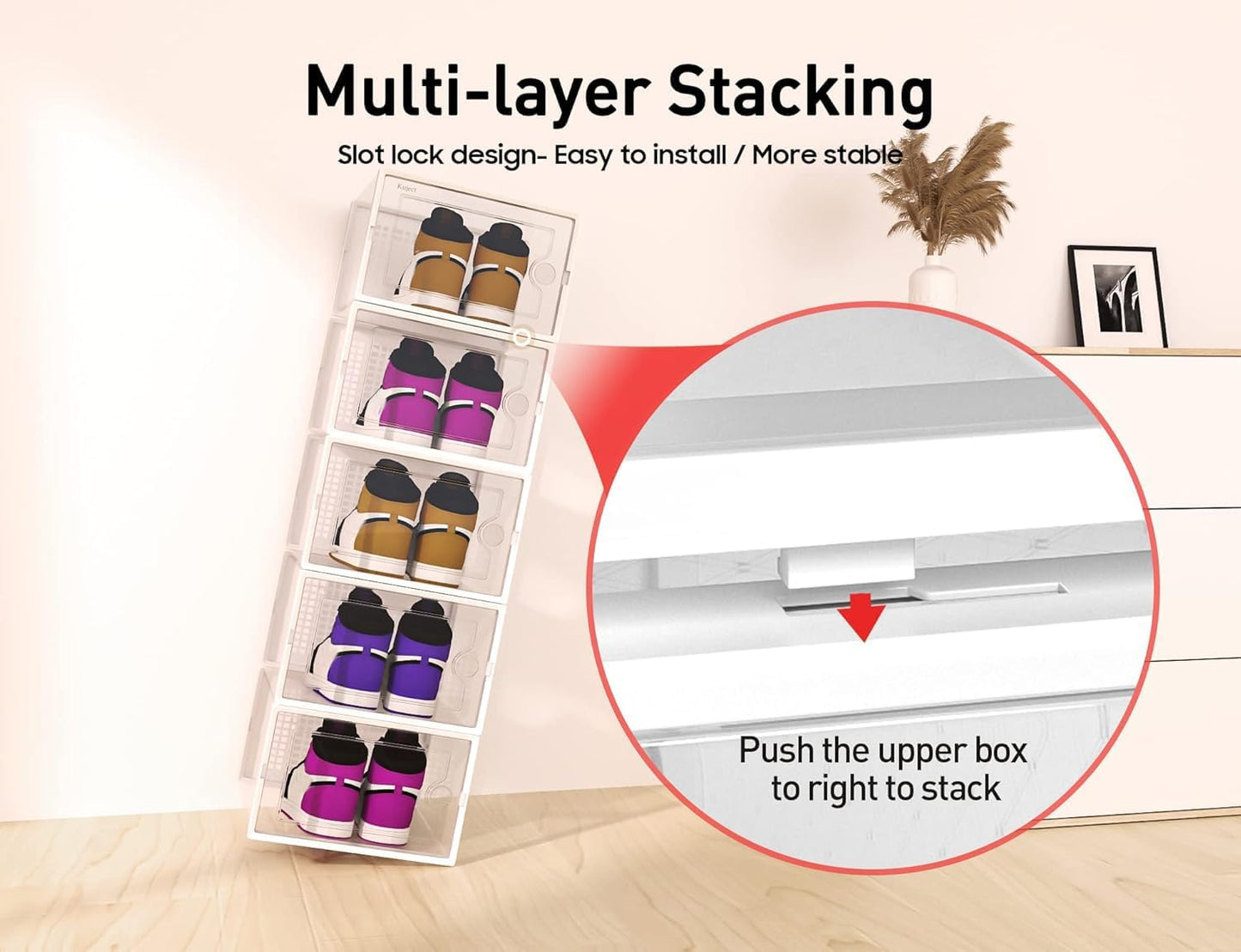 Kuject XX-Large Shoe Storage Boxes Organizers Clear Plastic Stackable 12 Pack, Shoe Rack & Holder Substitute, Sneaker Containers, Toy Storage Organizer Bins for Entryway, Closet, Under Bed, White