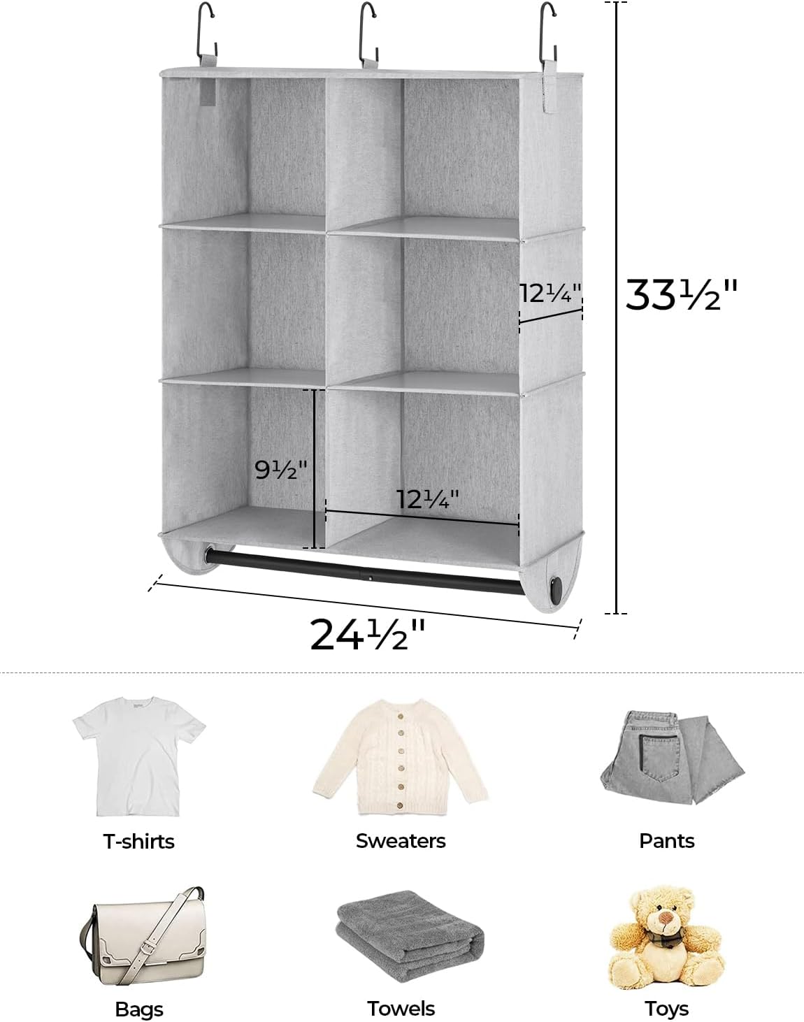 StorageWorks Hanging Closet Organizer with Metal Rod, 6-Section Closet Organizers and Storage, Collapsible Hanging Shelves for Closet, Bedroom, Kids Dorm Room, RV Camper, Grey and White
