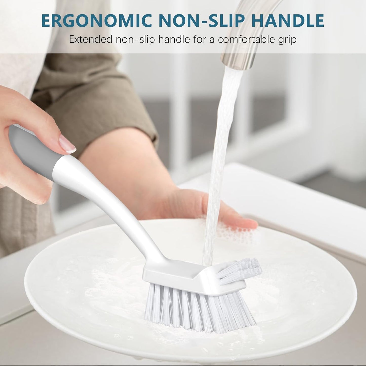 SetSail Dish Brush Set of 3 Piece, Dish Scrub Brush with Long Handle Deep Cleaning Brush with Scraper Tip for Kitchen Dishes Bottle Cup Pot Pan, Grey