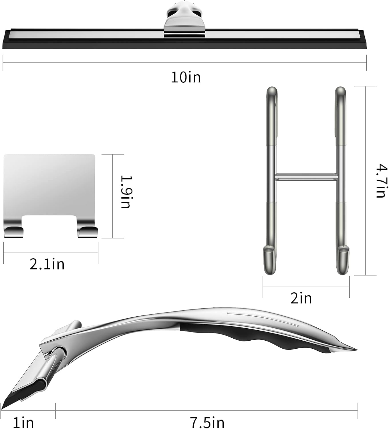 Shower Squeegee Set, 10-Inch Stainless Steel Squeegee for Bathroom, Shower Doors, Mirrors, Tiles, and Car Windows - 100% Streak Free, Includes Shower Door Hook, Adhesive Hook and Spare Silicone Blade