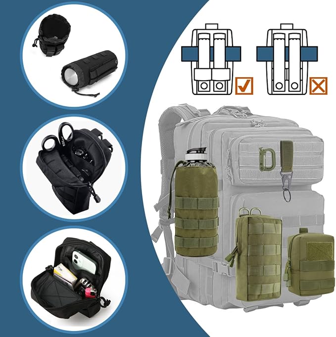 MUCHER 3 Pack Molle Pouches Tactical Pouches EDC Pouch Organizer Molle Bag Utility Pouch with 3 Carabiners and Key Rings for Outdoor Hiking Camping Training