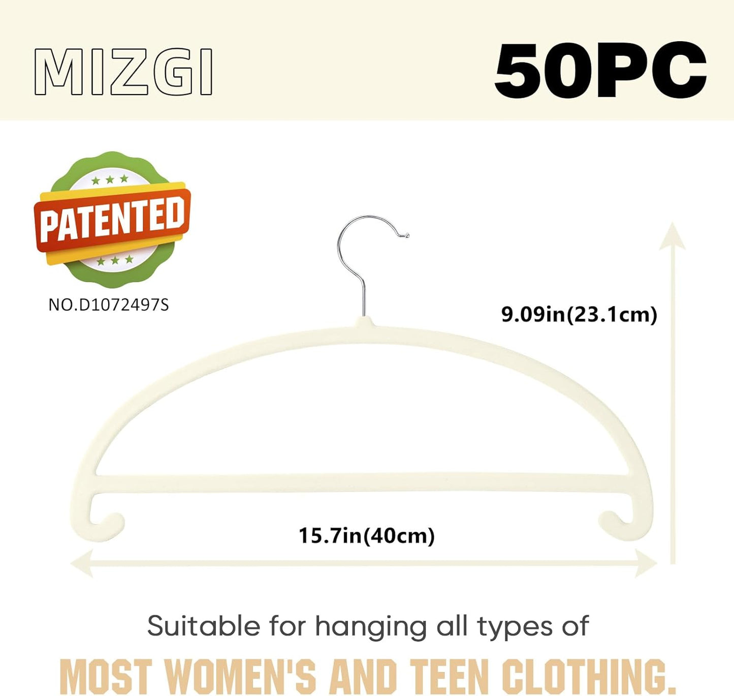 MIZGI 50 Pack Ivory Velvet Hangers - No Shoulder Bumps, Heavy Duty Non-Slip Chrome Hooks for Jackets, Coats, Pants