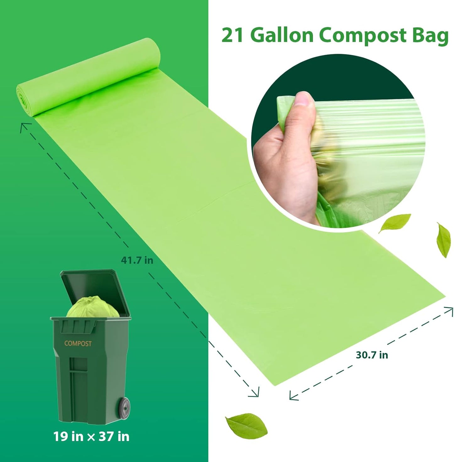 GreFusion Compostable Trash Bags 21 gallon,20 Count,Extra Thick 1.28 Mills,Fits13-25 gallon trash can, Extra Strong and thick,Compostable Lawn & Leaf Yard Waste bags,ASTM D6400,Bpi Certified