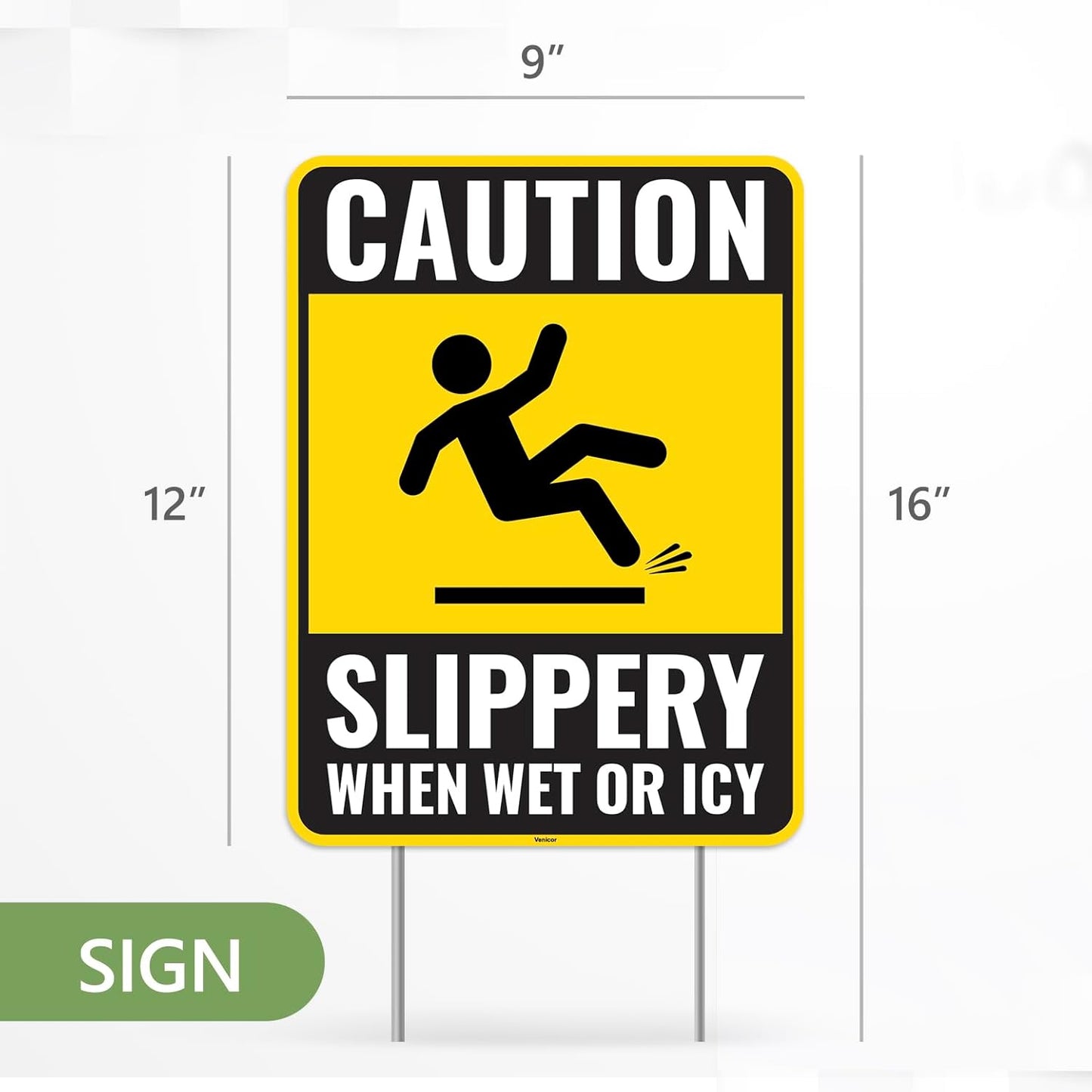 2PC Caution Slippery When Wet Or Icy Sign with Metal Stakes, 12 Inches by 9 Inches - Corrugated Plastic