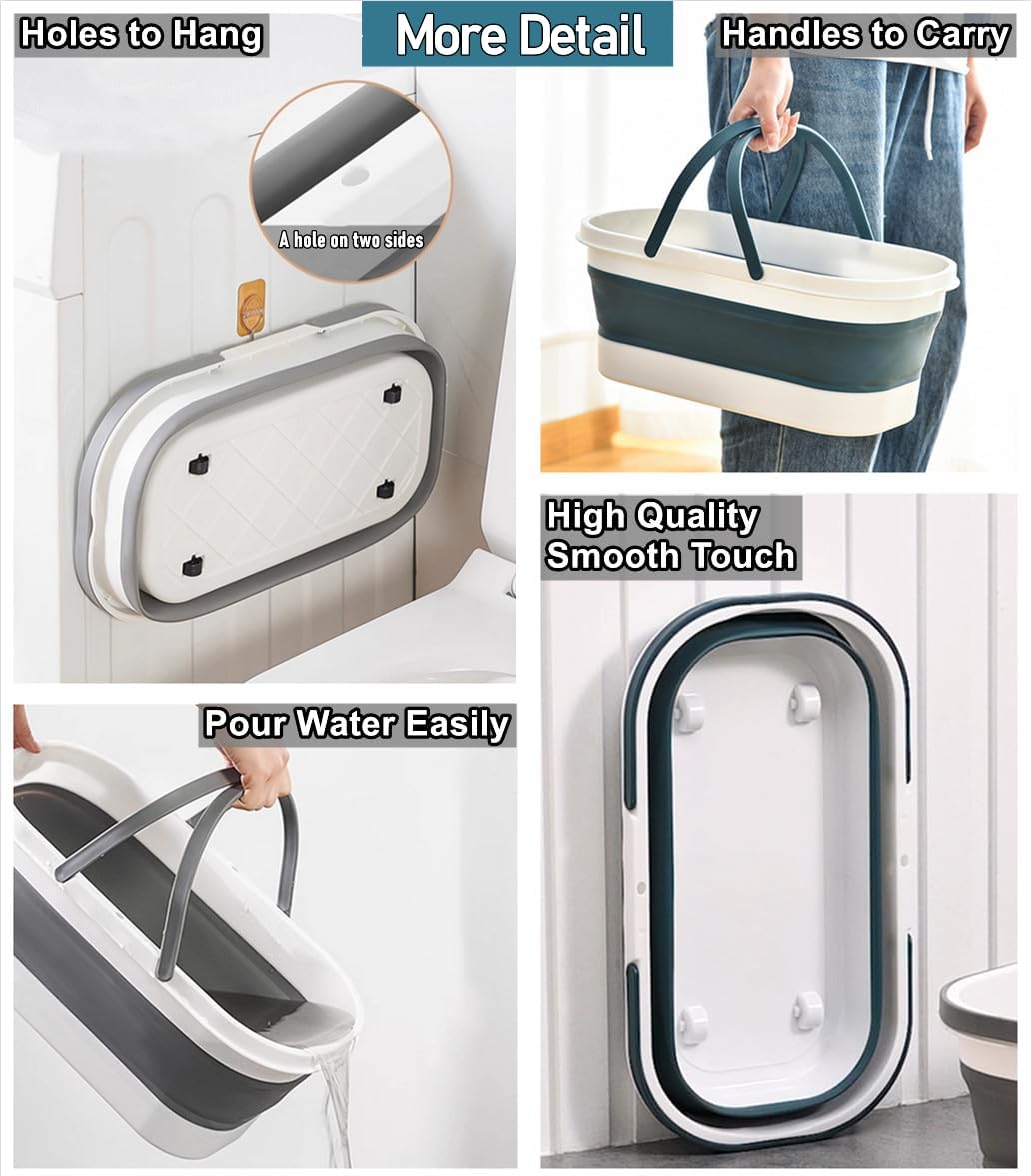 Collapsible Mop Bucket Basin Tub with Handle and Wheels, 12L (3.2 Gallon) Foldable Small Plastic Container for Household Cleaning, Car Washing, Portable Basket Bin Tool for Storage Organizer, Grey