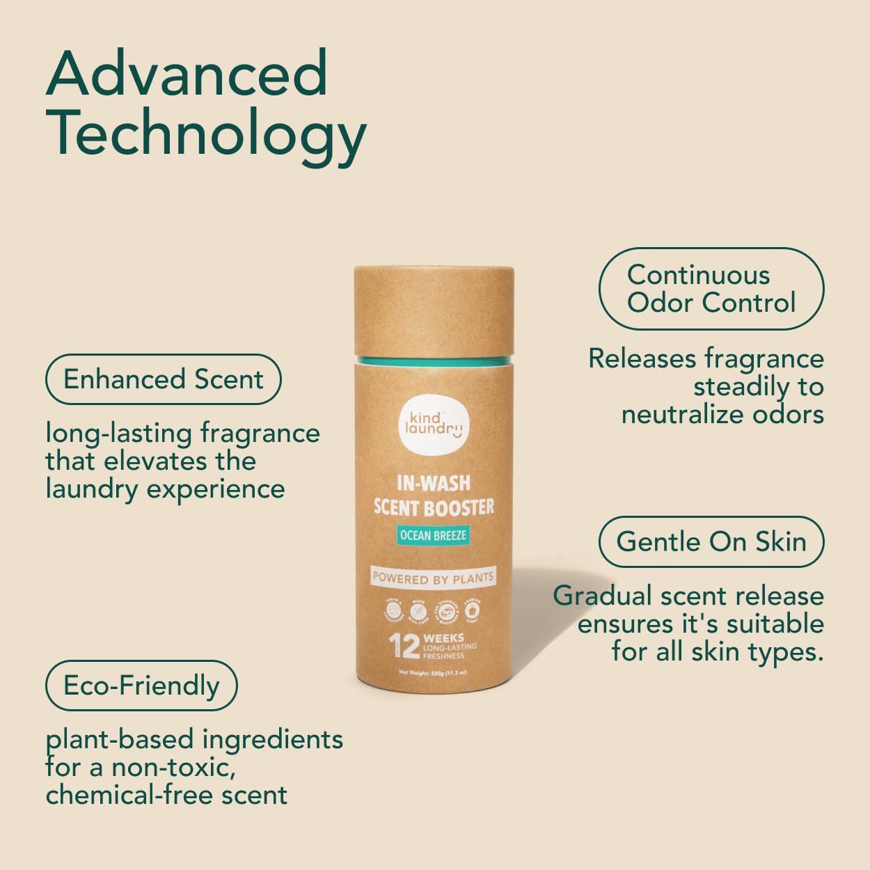 Kind Laundry In Wash Scent Booster Beads - Ocean Breeze - 100% Plant Based - Natural Laundry Booster Beads & Smell Deodorizer - Environment Friendly Odor Eliminator for Clothes (320 grams)