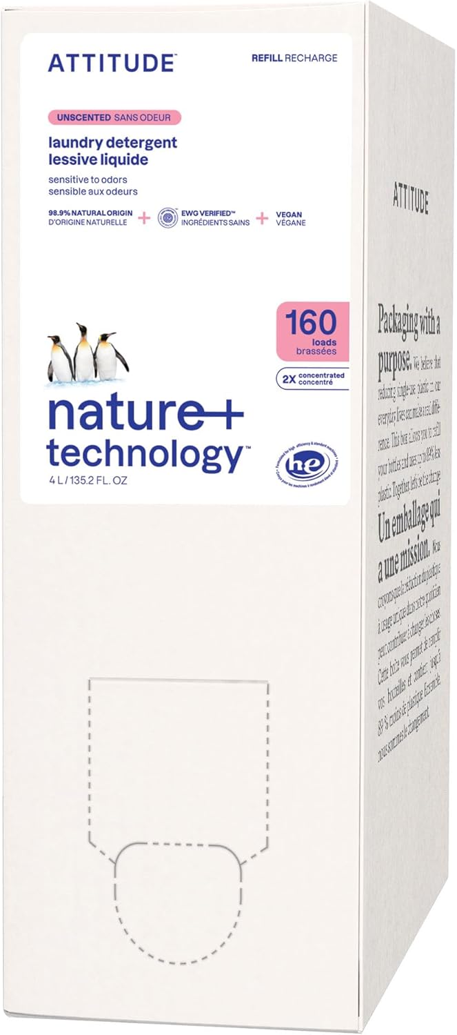 ATTITUDE Liquid Laundry Detergent Refill, EWG Verified, HE Compatible, Plant-Based & Vegan, Natural Laundry Soap, Unscented, 160 Loads, 135.26 Fl Oz