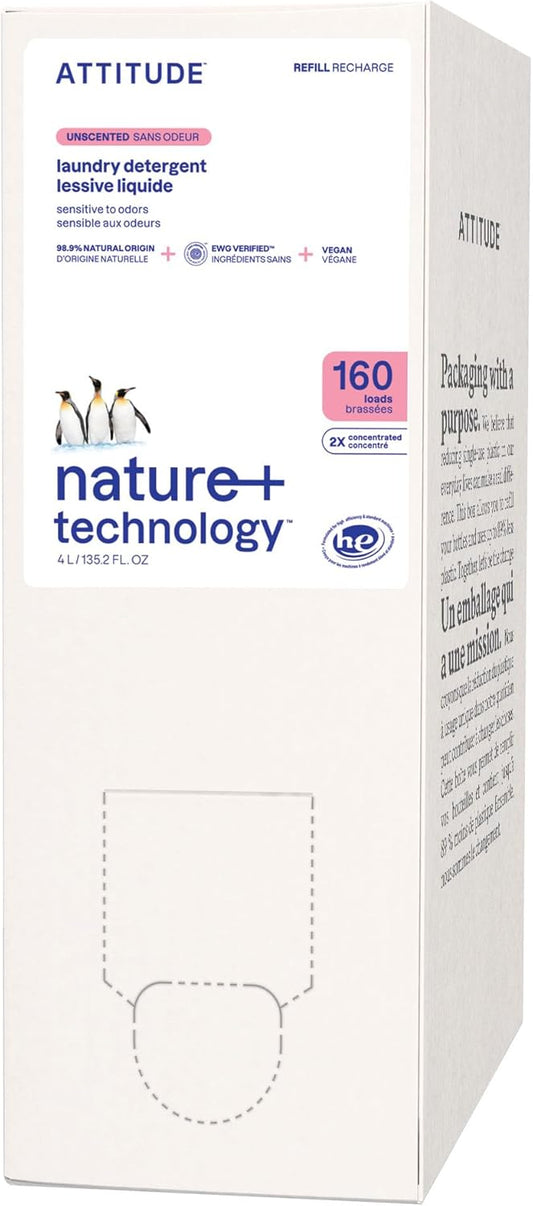 ATTITUDE Liquid Laundry Detergent Refill, EWG Verified, HE Compatible, Plant-Based & Vegan, Natural Laundry Soap, Unscented, 160 Loads, 135.26 Fl Oz