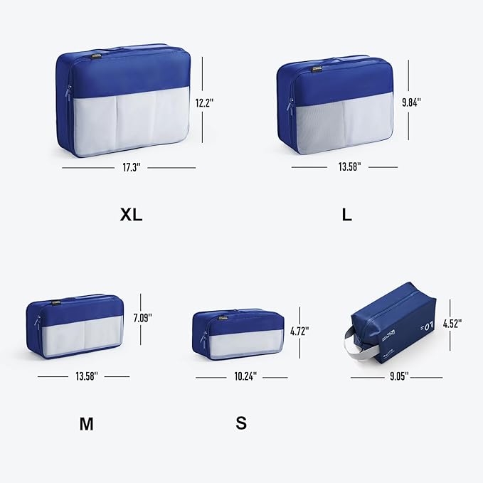 5 Set Compression Packing Cubes for Travel, Space Saving Luggage Organizer Bags (Dark Blue)