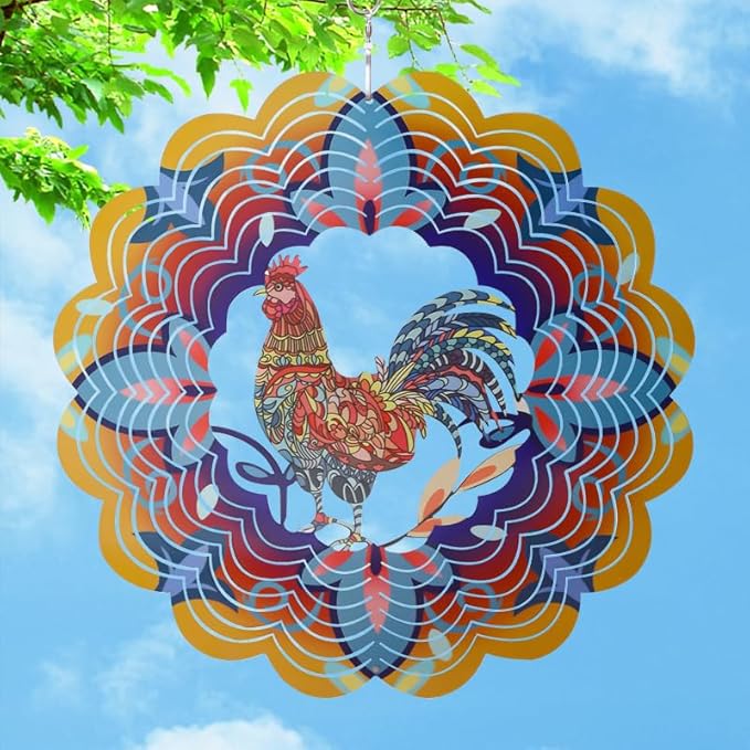 Wind Spinners, Gifts for Women Mom Grandma Wife, 12 inch 3D Stainless Steel Hanging Wind Spinner, Metal Kinetic Wind Sculpture for Indoor/Outdoor Decor, Yard Art, Garden Decorations (Rooster)