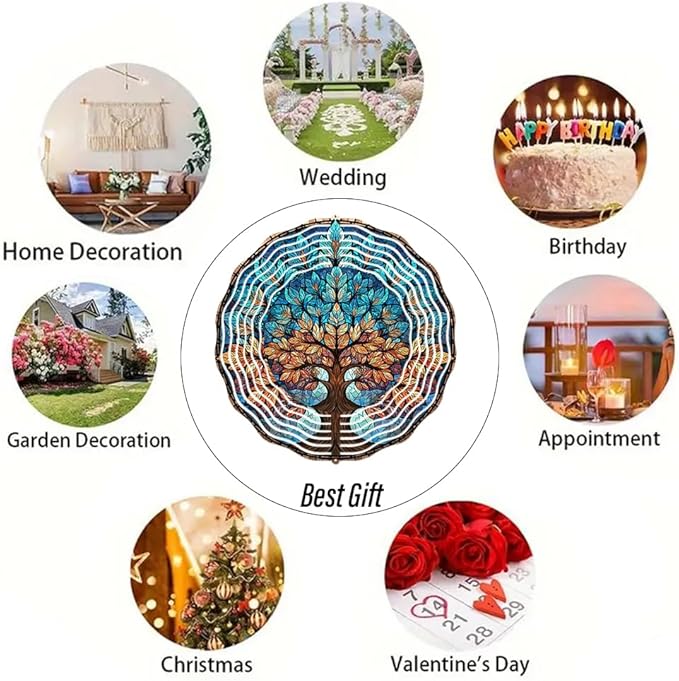 3D Wind Spinner for Garden - 10inch Stainless Steel with Double-Sided UV Printing | High-Resolution Images | Weather-Resistant Outdoor Spinning Decor for Patio, Yard & Gifts (Colorful Tree)