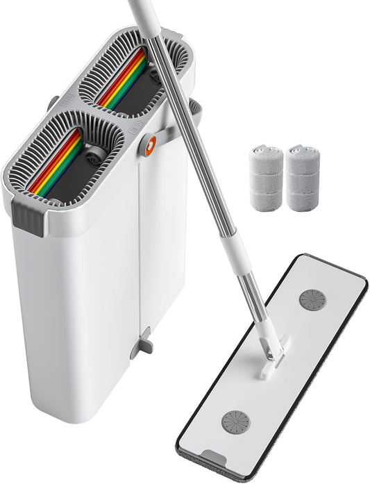 JOYBOS Mop and Bucket with Wringer Set, Hands Free Flat Floor Mop and Bucket, with 2 Washable Microfiber Pads, Wet and Dry Use, Floor Cleaning System