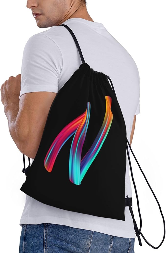 Drawstring Bags Initial Drawstring Backpack Sackpack Black Draw String Cinch Bags for Sports, Gym, Travel, Swimming, Beach, Camping, Rainbow Letter N