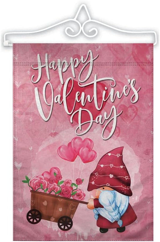 Garden Flag Wall Hanger (White) & Valentine's Day Gnome 12x18" Garden Flag Full Kit - All Season Decor