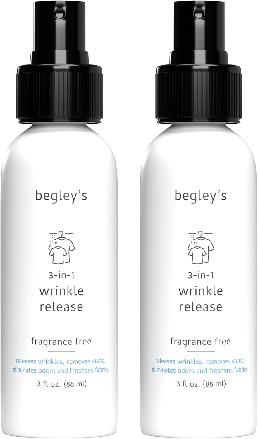 Begley's 3-in-1 Wrinkle Remover, Quick Fix Wrinkle Release, Static Cling Remover, Odor Eliminator and Fabric Refresher Spray - USDA Certified Biobased - Fragrance-Free, 3 oz Travel Size