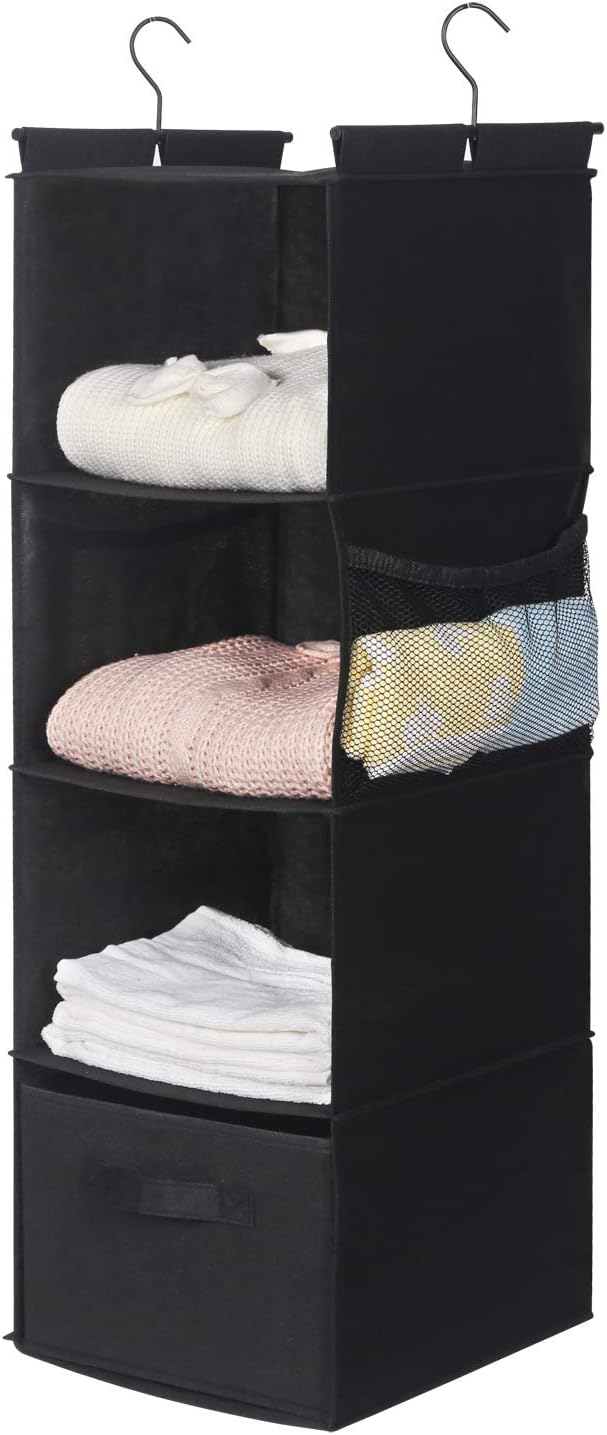 MAX Houser 4-Shelf Hanging Closet Organizer, Space Saver, Cloth Hanging Shelves with 2 Side Pockets, Foldable (Black)