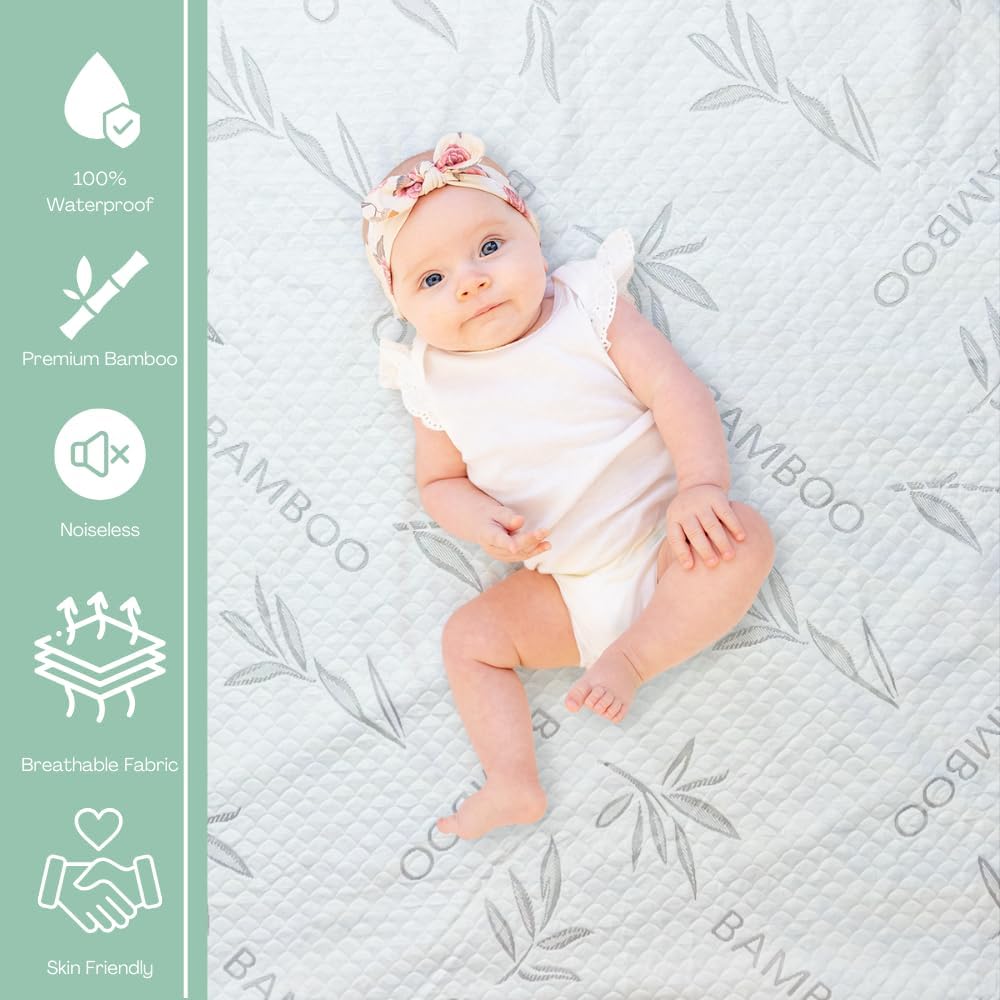 Bamboo Rayon Mattress Protector with Zipper + 2 Pillow Protectors - 100% Waterproof Cooling Cal King Size Cover - Ultra Soft Fabric Breathable Noiseless Mattress Pad Covers Zippered Encasement