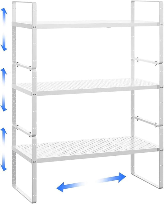 Expandable Kitchen Cabinet Shelf Organizer Rack Heavy Duty Metal Spice Rack Stackable Kitchen Counter Storage Shelf for Kitchen Cabinet Pantry Bathroom (White - 16.5"-27" L x 8" W x 9.6" H - 3Pack)