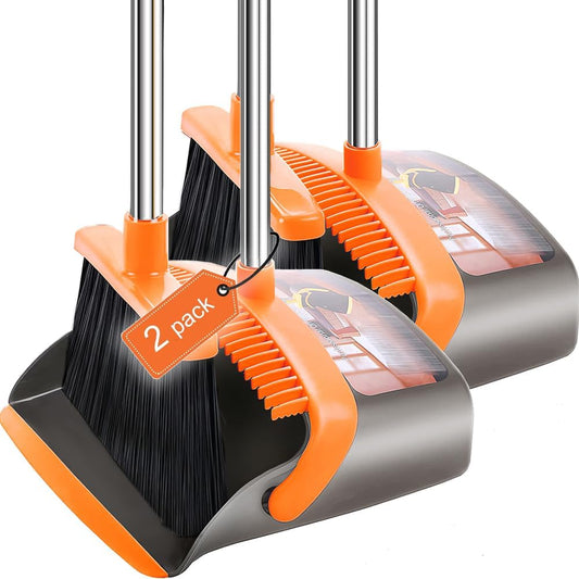 2-Pack is More economical，Upgraded Upright Broom and Dustpan Combo with 52" Long Handle, Dustpan Teeth with self-Cleaning Function, Indoor and Outdoor Sweeping, Perfect for Home Office
