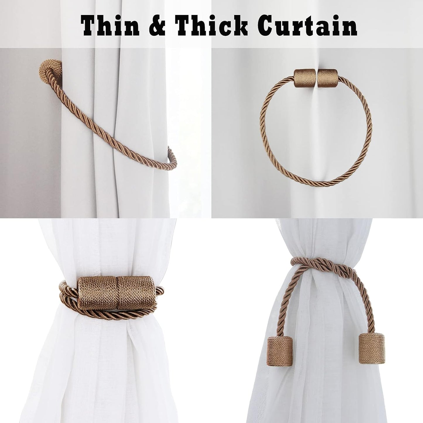 2 Pack Strong Magnetic Curtain Tiebacks Outdoor Elegant Decorative Tie Backs Modern Rope Tiebacks for Drapes Window Curtain Holdbacks for Draperies- Khaki