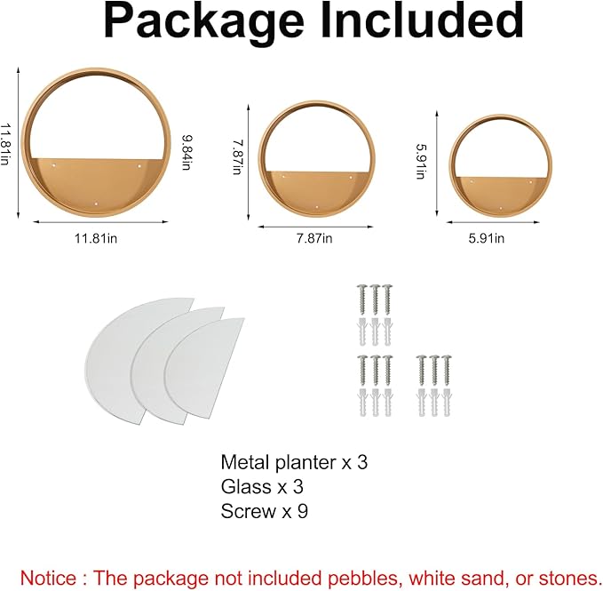 3 Pack Set Wall Planters,Modern Round Glass Wall Planter Succulent Planter Circle Iron Hanging Planter Vase for Herb,Small Cactus Perfect for Balcony, Room and Patio Decor (Gold)