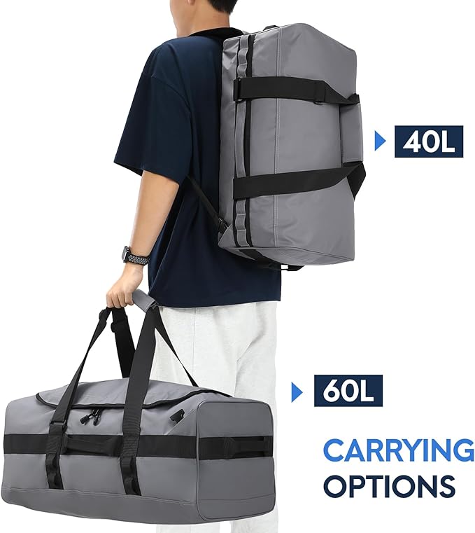 Haimont Mens Duffle Backpacks for Traveling, Convertible Gym Duffel Bag with Backpack Straps, Camping, Overnight Trip, Weekend, Sports Gear Carry-on Bag for Women, Hiking, 40L, Grey