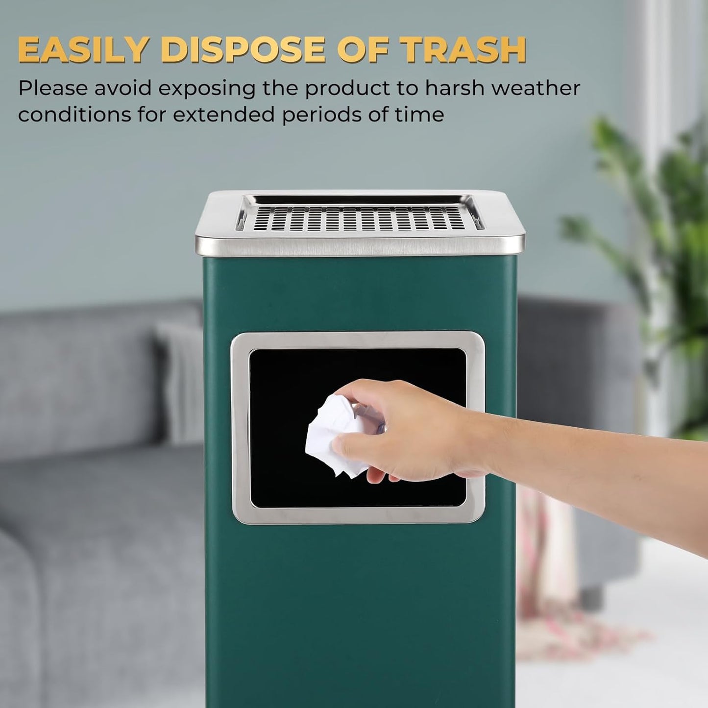 Trash Can Outdoor Waste Container Square Stainless Steel Trash Can with Removable Inner Bucket for Disposal Commercial Waste Container 9.45‘’ x 9.45‘’ x 24.02‘’-Green