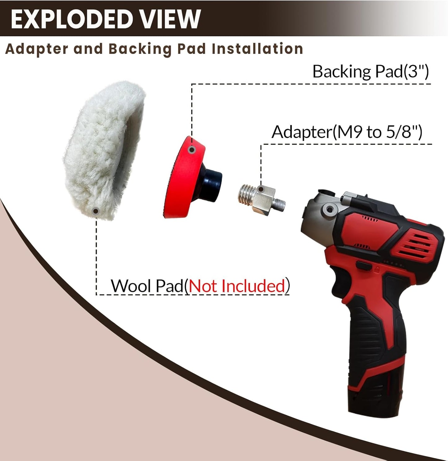 3" Hook and Loop Sanding/Polishing Backing Pad, M9 to 5/8-11 Hex Grinding Bit Thread Adapter, for Milwaukee M12 Polishers/Sanders with M9 Spindle Threads