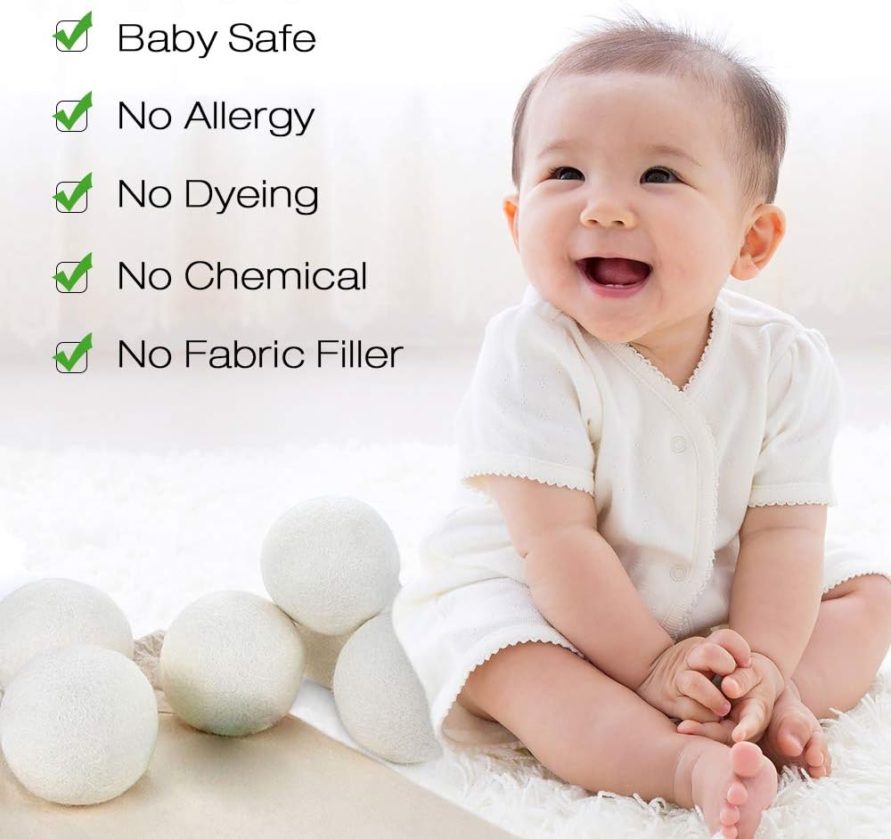 Raffaelo Wool Ball, Wool Dryer Balls XL Premium Reusable Natural Fabric Softener Pet Fur Hair Remover - Set of 6PCS (White)