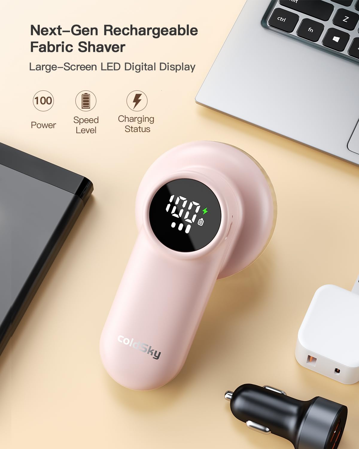 coldSky Rechargeable Fabric Shaver, Lint Shaver with Digital Display, Sweater Shaver with 6-Leaf Blades and Safety Lock, 3-Speeds Defuzzer Remove Fuzz, Pills from Clothes, Furniture, Sofa, Pink