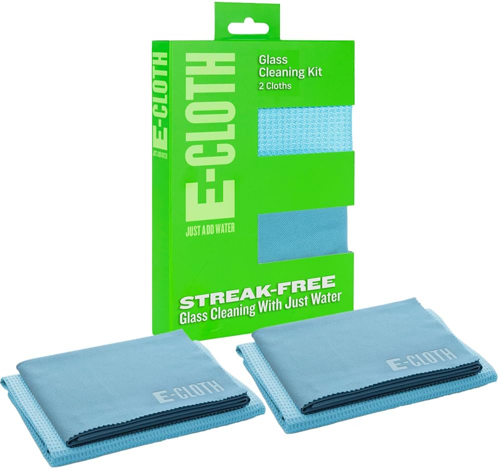 E-Cloth 2-Pack Window Cleaning Cloth - Streak-Free Glass & Mirror Cleaning Kit with Just Water, Glass Cleaning Cloth, Microfiber Towel Kit for Windows, Car Windshield, Mirrors - Alaskan Blue