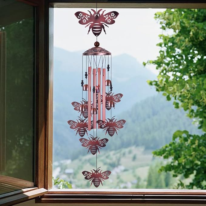 Outdoor Bee Wind Chimes Gifts for Mom - with 4 Tubes 6 Bells 7 Bees Wind Bells, Mobile Wind Catcher, Romantic Bee Decor, Bee Bells, Bees Windchimes for Home, Balcony, Tree, Festival, Garden Decoration