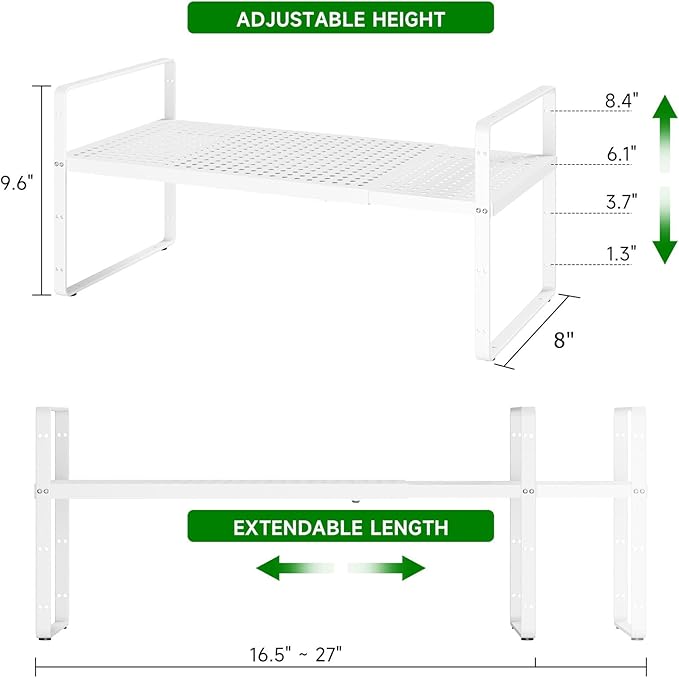 Expandable Kitchen Cabinet Shelf Organizer Rack Heavy Duty Metal Spice Rack Stackable Kitchen Counter Storage Shelf for Cabinet Pantry Bathroom (White- 16.5"-27" L x 8" W x 9.6" H - 2Pack)