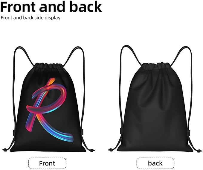 Drawstring Bags Initial Drawstring Backpack Sackpack Black Draw String Cinch Bags for Sports, Gym, Travel, Swimming, Beach, Camping, Rainbow Letter R